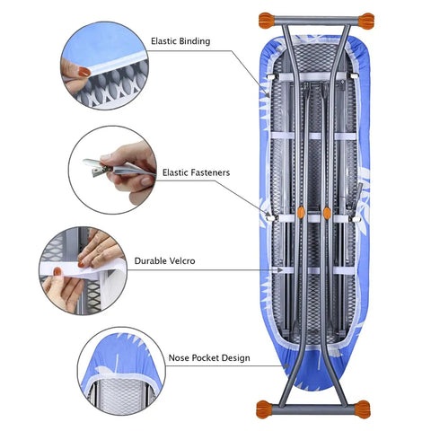 Heavy Duty 12x42 Inch Ironing Board Cover And Pad With 100 Percent Cotton, showing elastic binding and durable velcro features.