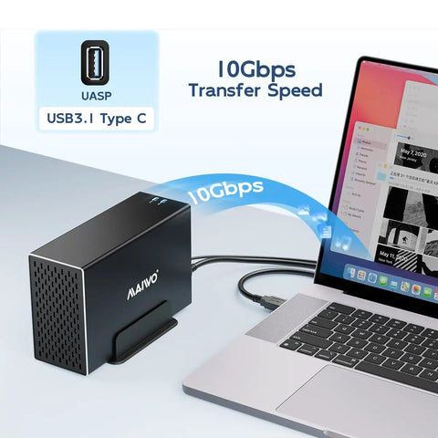 Dual Bay Hard Drive RAID Enclosure With Blazing Fast USB 3.1 10Gbps Speed connected to laptop, showcasing cooling fan design.