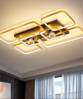 Slick Led Semi Flush Ceiling Fan Light Fixture With Remote Control And Modern Minimalist Rectangular Blades In Gold And Black Finish Creates A Chill Vibe And Moves Air Smoothly For Your Living Room Bedroom Or Dining Space, featuring unique rectangular design.