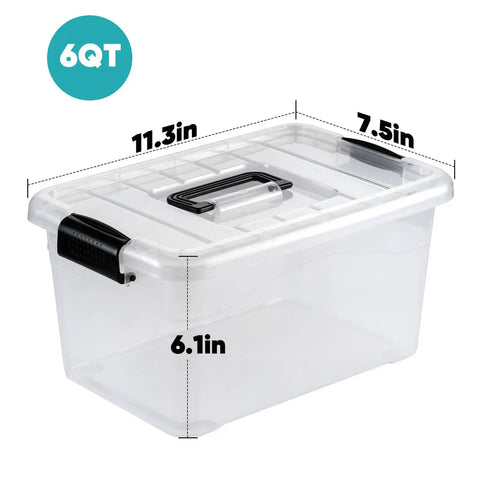 Stackable Plastic Storage Bins Set Clear 6 Quart Nestable Boxes With White Lids And Secure Latching Buckles 12 Pack for organization