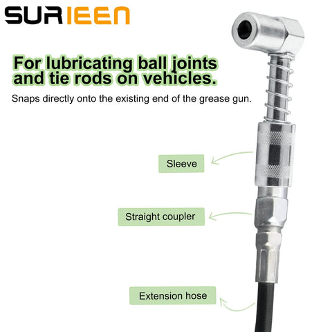 SURIEEN front view: 4-piece 90-degree grease gun coupler set with sleeves and extension hose