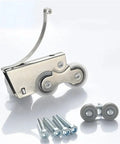 Heavy Duty Dual Wheel Caster Set, smooth sliding door rollers with metal mount, screws, and replacement pulleys.