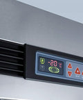 Digital thermostat interface on Beefy Frost Free Upright All Freezer with stainless steel panel for chill control.