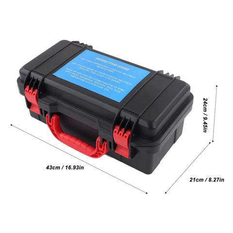 Carrying case for Powerful High Temperature Steam Cleaner With High Pressure Jet 1700W 110V US Plug, black with red handle and dimensions.