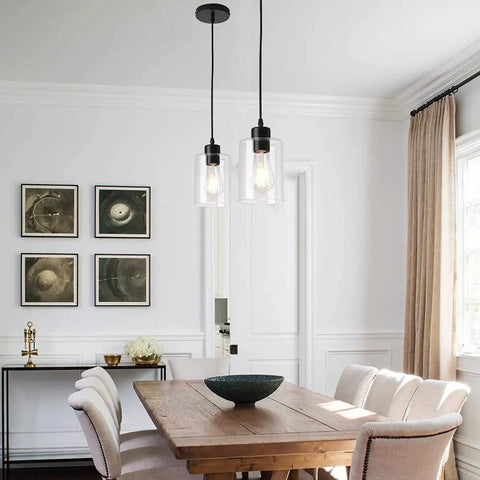 Dimmable Black Farmhouse Glass Cylinder Pendant Light for Kitchen Island Clear Glass Mini Pendant Fixture with 4.75 Inch Shade and Dual 58 Inch Cords