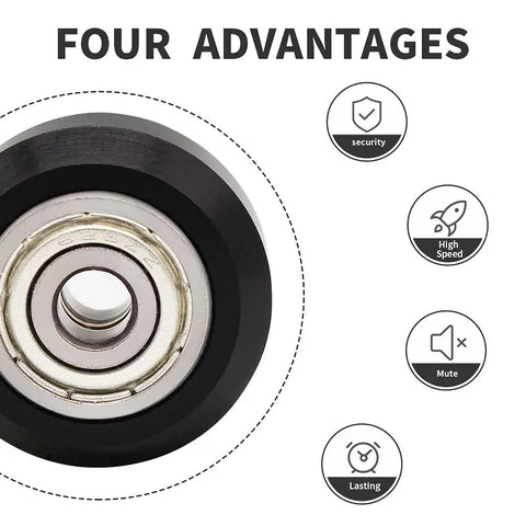 Close-up of a 26pcs Pack POM Pulley Wheel Set For 3D Printers with highlights on four advantages: security, high speed, mute, lasting.