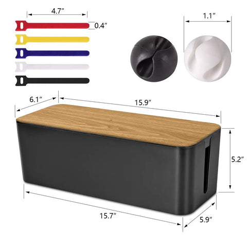 Large Wood Grain Cable Management Box To Hide Wires And Power Strips For TV Desk And Computer Cables, clips and ties shown