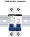 Front view of AC Miniature Circuit Breaker 2 Pole 20 Amp 110V Low Voltage Disconnect Switch For DIN Rail Mount, C Curve Trip.