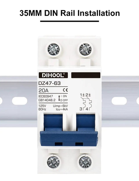 Front view of AC Miniature Circuit Breaker 2 Pole 20 Amp 110V Low Voltage Disconnect Switch For DIN Rail Mount, C Curve Trip.