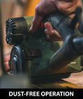 Close-up of All In One Drum Sander Tool For Woodworking And Surface Conditioning With Vacuum Attachment in use on wood surface