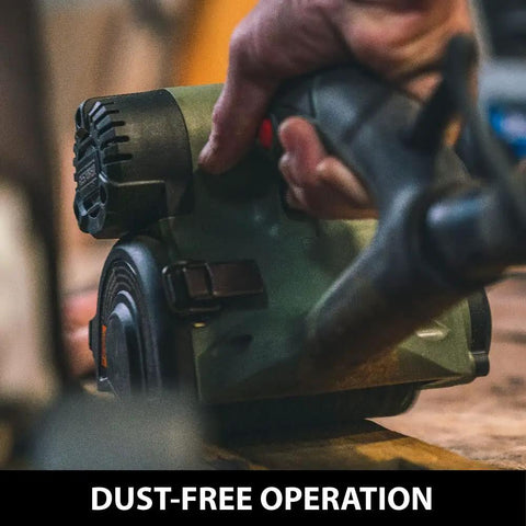 Close-up of All In One Drum Sander Tool For Woodworking And Surface Conditioning With Vacuum Attachment in use on wood surface