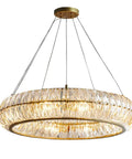 Sleek Modern Crystal Chandelier Ceiling Light With Adjustable Gold Pendant Ring featuring eight bulb glass halo, designed for dining areas.