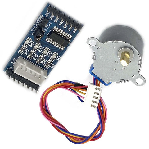 Front view of blue ULN2003 driver board with 28BYJ-48 5V stepper motor and 6-pin cable.