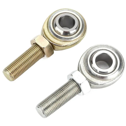 Beefy One Half Inch Bore Rod End Heim Joint Pair With One Half By Twenty Male Threads And Slick Right Left Hand Alignment For Steering And Suspension Linkage Connections That Bullseye Fit Guaranteed To Handle Heavy Whip Without Any Slack Day. Close-up of two rod ends with threaded studs.