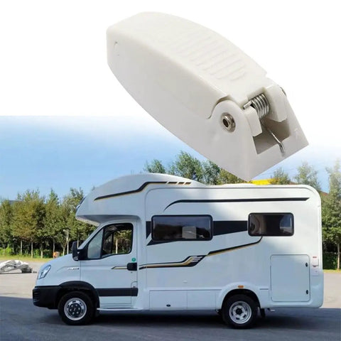 Beefy Heavy Duty RV Door Catch Kit For Trailers Boats And Campers, Push Open Ball Latch above white RV