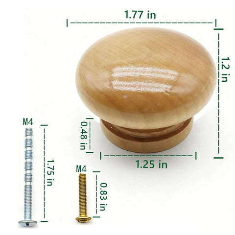 Six Pack Wood Cabinet Knobs Set With 1.77 Inch Mushroom Style Dresser Pulls Includes 1 Inch And 1.75 Inch Screws measured.