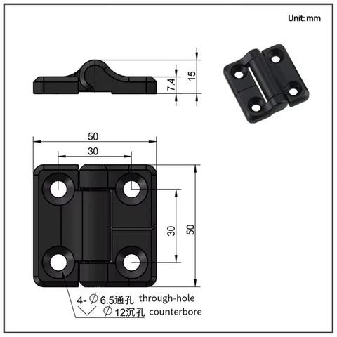Side view of black zinc-alloy torque hinge, square, 4 through-holes, 2.3 N·m torque for electrical equipment mounting