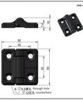 Black zinc-alloy square torque hinge for enclosures; 50x50mm plate with 4 Ø6.5 through-holes and Ø12 counterbores