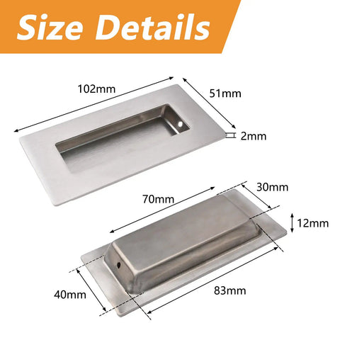 Brushed Nickel Flush Pull 2 Pack Stainless Steel Rectangle Sliding Door Handle With Hidden Screws size details diagram