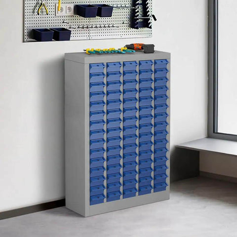 Heavy Duty 75 Drawer Parts Cabinet For Tools And Hardware Steel Storage With Adjustable ABS Drawers And Label Tabs Versatile Garage Organization For Bolts Nuts Screws And Small Parts in a workshop.