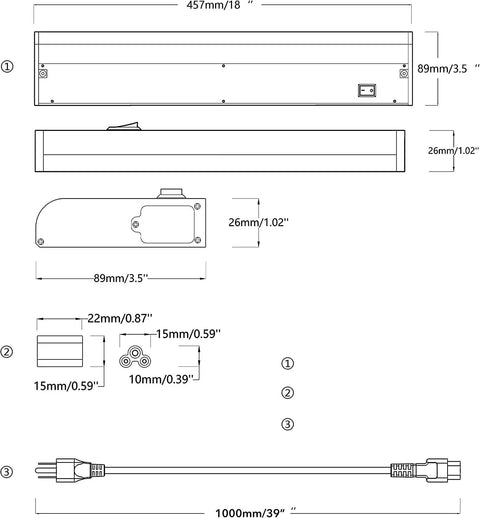 Technical diagram of Under Cabinet Lights 18 Inch, 2 Pack, Plug-in or Hardwired, RGB Color Changing, dimensions and parts.