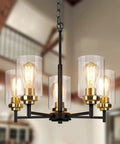 Modern Farmhouse 5 Light Chandelier For Dining Room And Kitchen Island Dope Industrial Black Pendant Lighting With Glass Shades Adjustable Height Hanging Ceiling Light Fixture For Living Room