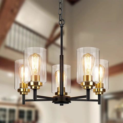 Modern Farmhouse 5 Light Chandelier For Dining Room And Kitchen Island Dope Industrial Black Pendant Lighting With Glass Shades Adjustable Height Hanging Ceiling Light Fixture For Living Room
