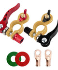 2 Pack Car Battery Terminal Connectors Quick Release Disconnect Ends heavy duty copper positive and negative terminals shown.