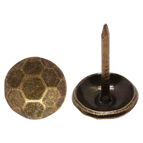 Top Shelf Metal Upholstery Tacks And Furniture Nails For Vintage Diy Makeovers, Rust Resistant Heavy Duty Headpins, 100 Piece Pack Hella Solid Retro Bronze Decorative Hardware, close-up view of bronze head and shank.