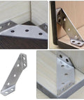 Six Pack Stainless Steel Corner Brackets for Wood Furniture in triangular shape installed on wooden cabinets and desks