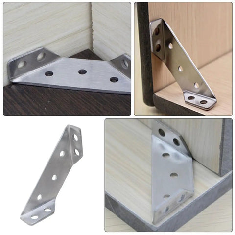 Six Pack Stainless Steel Corner Brackets for Wood Furniture in triangular shape installed on wooden cabinets and desks
