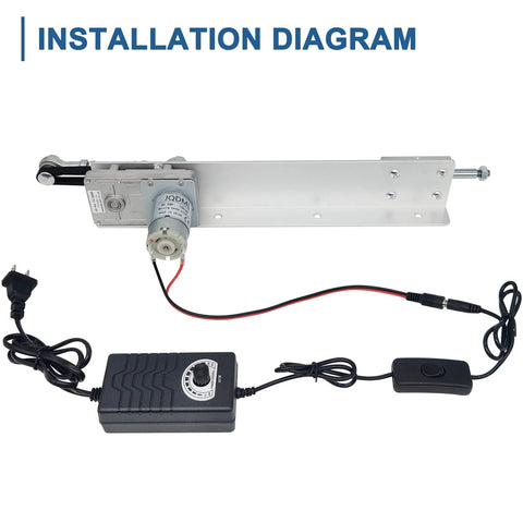 JQDML 24V reciprocating linear actuator on mounting plate with gear motor; includes speed controller and power adapter.