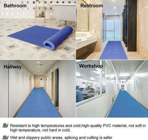 Drainage Non Slip Floor Mat 3x10 Ft Heavy Duty PVC Mesh Drainage Rug for Wet Areas Bathroom Pool Patio Kitchen Restaurant Bar Commercial Use Slip Resistant Water Drainage 0.22 Inch Thick shown in various settings.