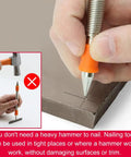Hand using Do It All 5 Piece Nail Setter And Door Hinge Tool Set With Dual Head Punches on a surface without hammer.