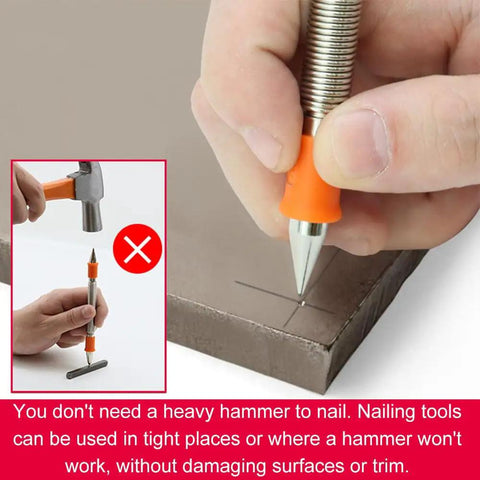 Hand using Do It All 5 Piece Nail Setter And Door Hinge Tool Set With Dual Head Punches on a surface without hammer.