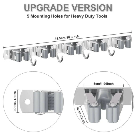 Stainless Steel Broom Holder Wall Mount Organizer With 5 Racks And 4 Hooks Heavy Duty Mop Hanger For Home Kitchen Garage Garden Weatherproof SUS 304 Rust Resistant Indoor Outdoor Storage