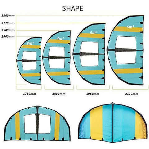 Comparison of different sizes of inflatable wing surfing gears, featuring the 5m2 Inflatable Wing Surfing Wing With Window.