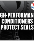 Close-up of gear with text 'High-Performance Conditioners Protect Seals', promoting Multi Vehicle Transfer Case Fluid 1 Qt for AWD and 4WD Rigs.