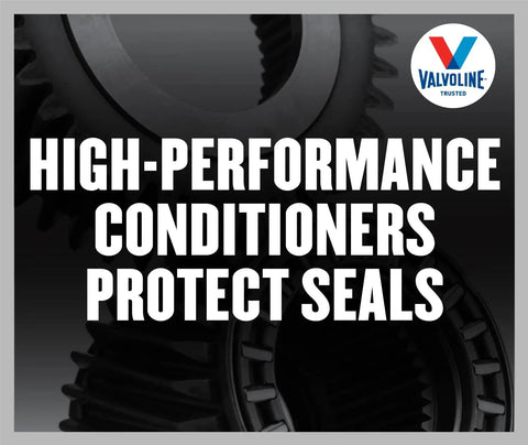 Close-up of gear with text 'High-Performance Conditioners Protect Seals', promoting Multi Vehicle Transfer Case Fluid 1 Qt for AWD and 4WD Rigs.