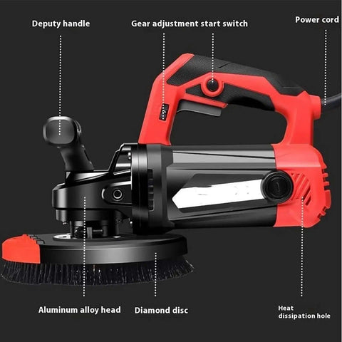 Close-up of Heavy Duty Angle Grinder And Concrete Polisher With Dual Handle and 6 Speed Settings showing aluminum alloy head and gear adjustment.