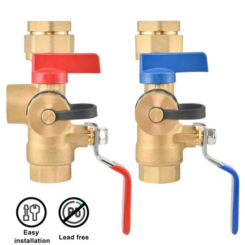 Three Quarter Inch IPS Isolator Tankless Water Heater Service Valve Kit with brass body and red/blue colored handles