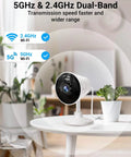 Dual Band Indoor Outdoor Security Camera With App Control For Home And Fur Babies on table, showing dual-band WiFi icons.