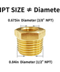 Two brass hex bushing reducers, 1/2 in NPT male to 3/8 in NPT female, threaded pipe fittings.