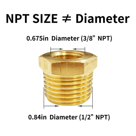 Two brass hex bushing reducers, 1/2 in NPT male to 3/8 in NPT female, threaded pipe fittings.