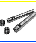 Tough As Nails C16 ER11 Straight Shank Extension Bar For Milling Machines And Lathes, two shiny steel extension bars and threaded collet holder.