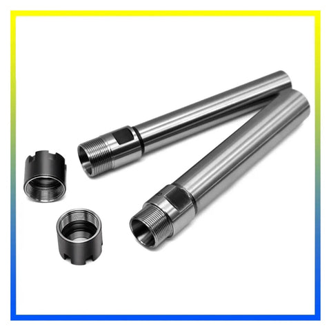 Tough As Nails C16 ER11 Straight Shank Extension Bar For Milling Machines And Lathes, two shiny steel extension bars and threaded collet holder.
