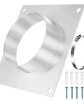 Four Inch Galvanized Steel Duct Connector Flange And Dryer Vent Wall Plate Square To Round Adapter With Included Mounting Screws and hardware.
