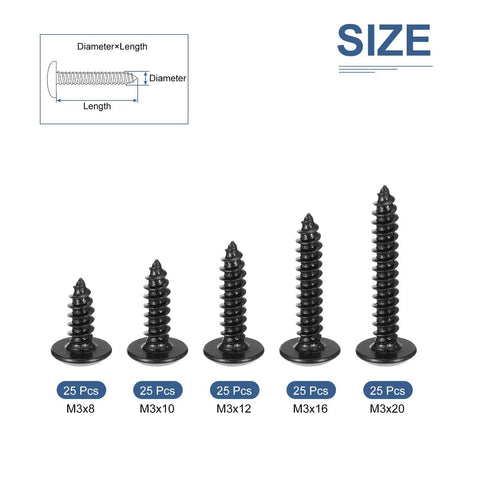 Sheet Metal Screws Assortment Kit 125 Pack For Wood And Furniture With Five Sizes M3x8 M3x10 M3x12 M3x16 M3x20 Black