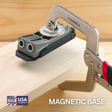 Pocket Hole Jig Kit With Magnetic Quick Adjust Base for fast accurate woodworking joinery, clamped to wooden board.