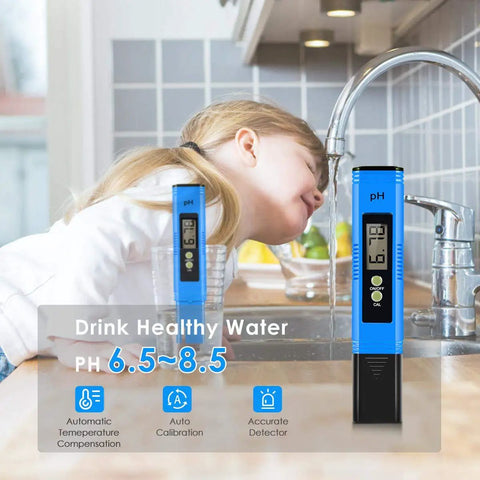 Super Accurate PH Meter 0.01 Digital PH Tester for Water displayed next to a child drinking from a kitchen tap.